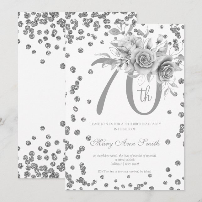 Silver Floral & Confetti 70th Birthday Party  Invitation (Front/Back)