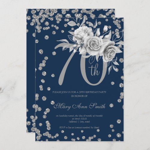 Silver Floral  Confetti 70th Birthday Party Navy  Invitation