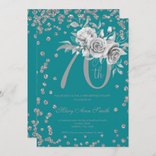 Silver Floral & Confetti 70th Birthday Party Teal Invitation