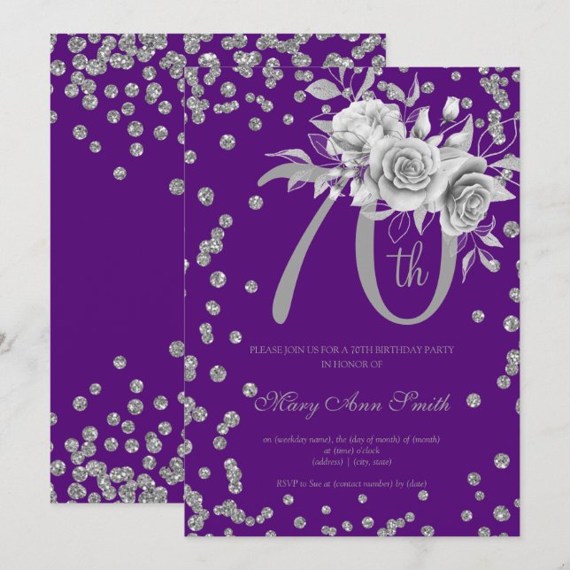 Silver Floral & Confetti 70th Birthday Purple  Invitation (Front/Back)