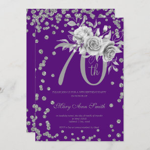 Silver Floral & Confetti 70th Birthday Purple Invitation
