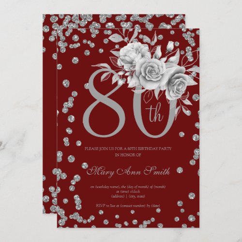 Silver Floral  Confetti 80th Birthday Burgundy  Invitation