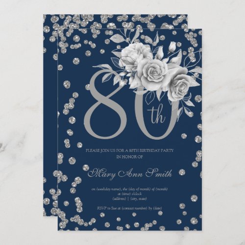 Silver Floral  Confetti 80th Birthday Navy  Invitation