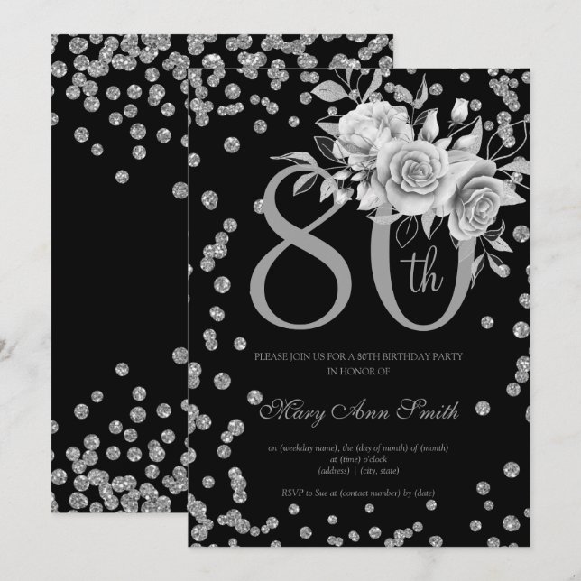 Silver Floral & Confetti 80th Birthday Party Black Invitation (Front/Back)