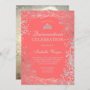Silver floral coral photo Tiara Quinceañera Invitation