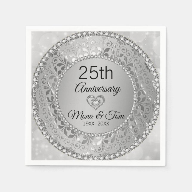 Silver Floral Damask And Heart Napkins (Front)