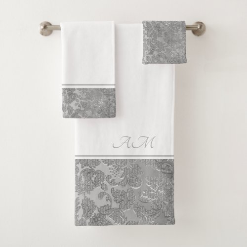 Silver Floral Damask Bath Towel Set