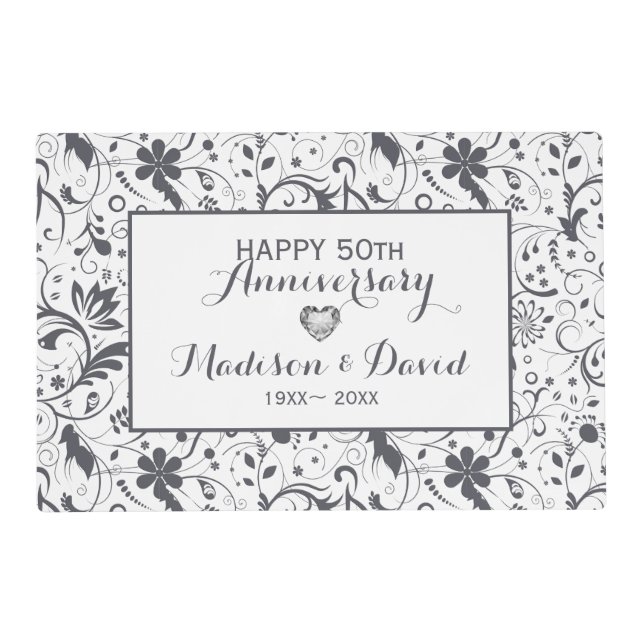 Silver Floral Damask Paper Placemat (Front)