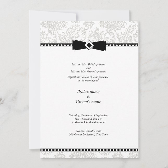Silver Floral Damask Wedding Invitation (Front)