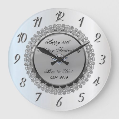 Silver Floral Diamond25th Wedding Anniversary Large Clock