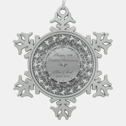 Silver Floral Diamond 50th Wedding Anniversary Snowflake Pewter Christmas Ornament