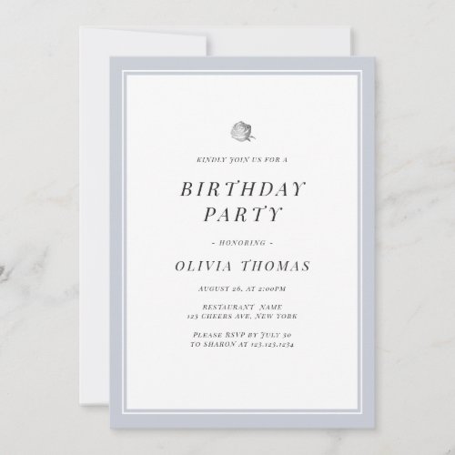 Silver floral dusty blue minimalist Birthday Party Invitation
