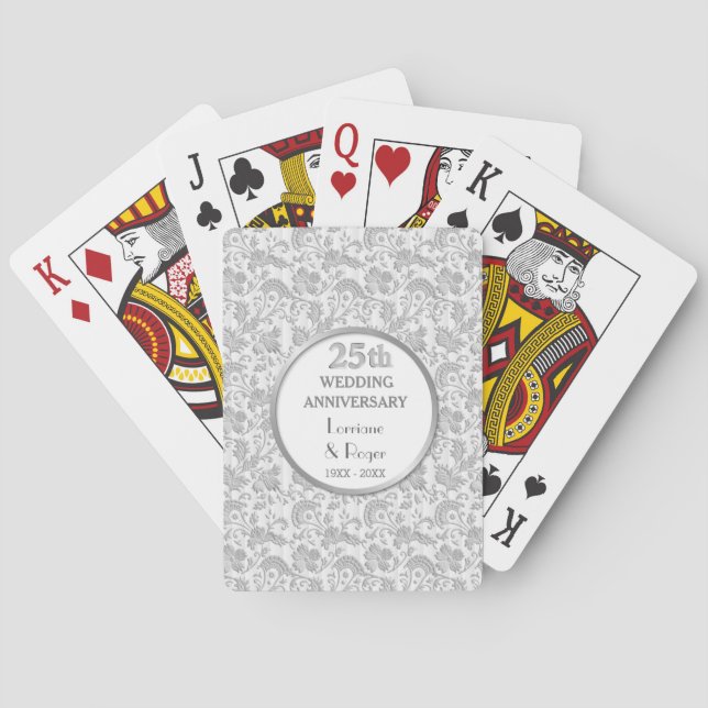 Silver Floral Elegance 25th Version 2 Anniversary Poker Cards (Back)