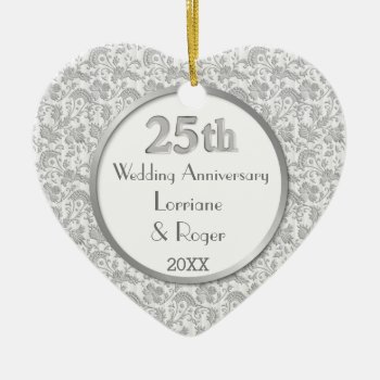 Silver Floral Elegance 25th Wedding Anniversary Ceramic Ornament by SpiceTree_Weddings at Zazzle