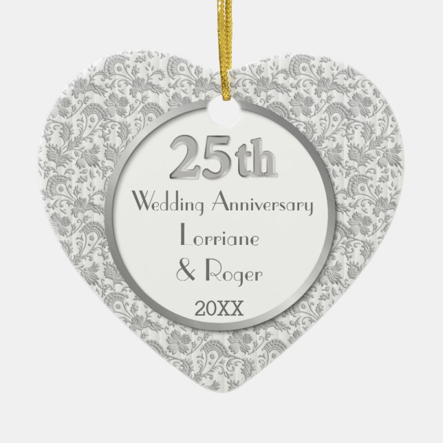 Silver Floral Elegance 25th Wedding Anniversary Ceramic Ornament (Front)