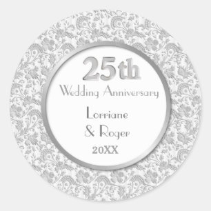 Silver Floral Elegance 25th Wedding Anniversary Classic Round Sticker