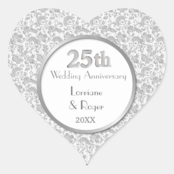 Silver Floral Elegance 25th Wedding Anniversary Heart Sticker by SpiceTree_Weddings at Zazzle