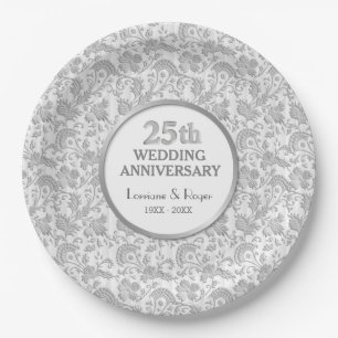 Silver Floral Elegance 25th Wedding Anniversary Paper Plates