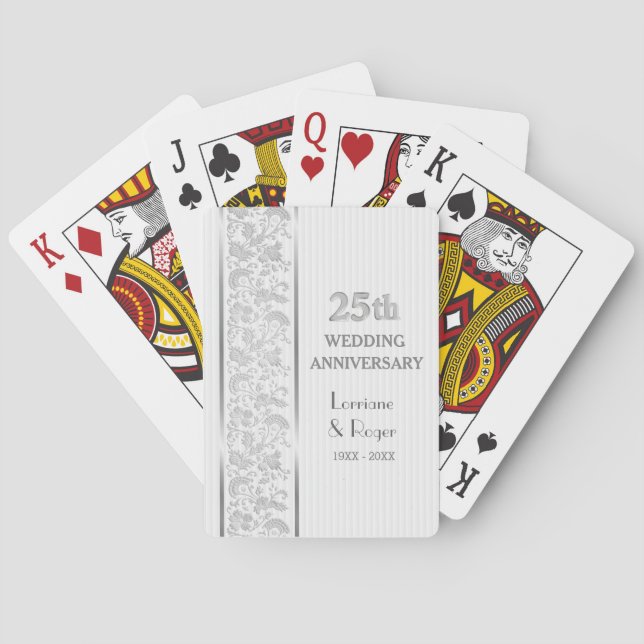 Silver Floral Elegance 25th Wedding Anniversary Poker Cards (Back)