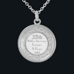 Silver Floral Elegance 25th Wedding Anniversary Sterling Silver Necklace<br><div class="desc">Gorgeous sterling silver twenty-fifth Wedding Anniversary Necklace with detailed silver floral lace over white border and white center with silver circle accent. Customize the names and date text with your information.  Matching Anniversary invitations,  ornament and more in my store.</div>