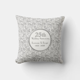 Silver Floral Elegance 25th Wedding Anniversary Throw Pillow