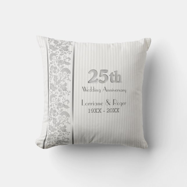 Silver Floral Elegance 25th Wedding Anniversary Throw Pillow (Front)