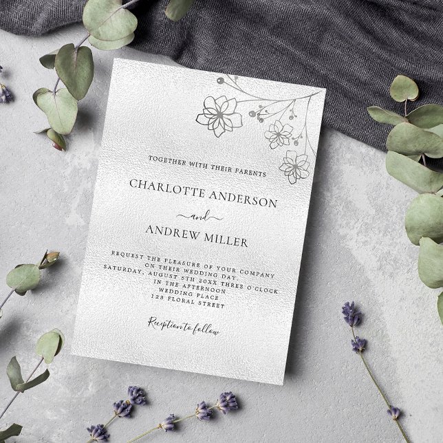 Silver floral elegant botanical luxury wedding invitation (Creator Uploaded)