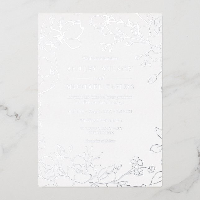 Silver Floral Elegant Modern Wedding Real Silver Foil Invitation (Front)