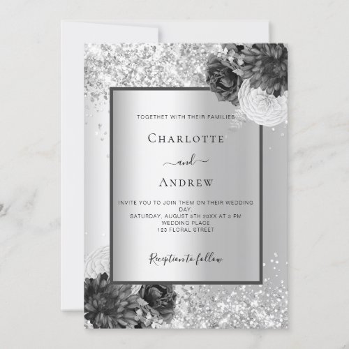 Silver floral elegant monochrome wedding invitation