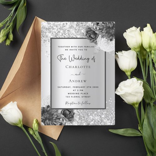 Silver floral elegant monochrome wedding invitation