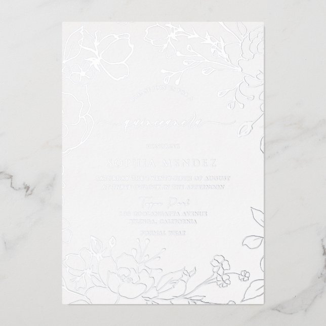 Silver Floral Elegant Quinceanera Party Silver Foil Invitation (Front)