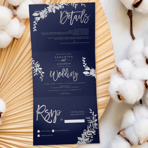 Silver Floral elegant script navy blue wedding Tri_Fold Invitation