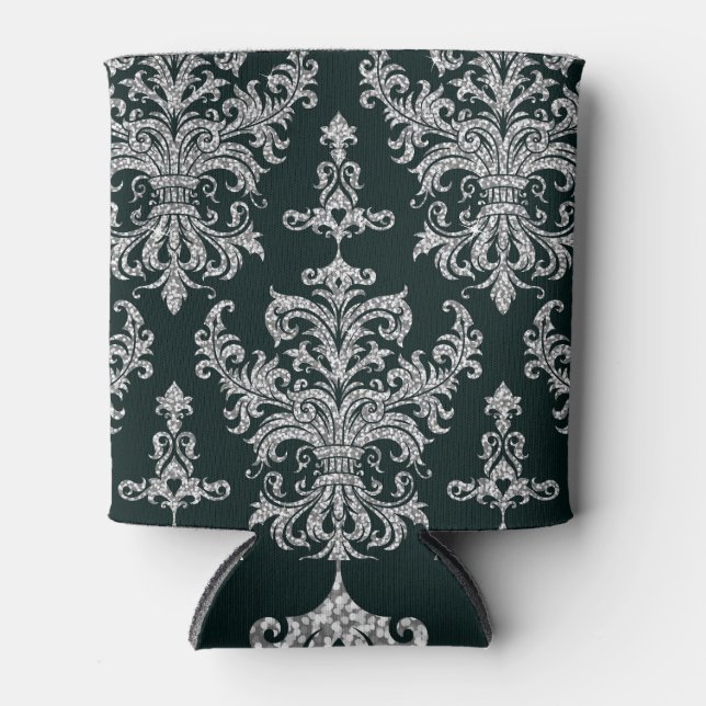 Silver Floral: Elegant Wallpaper. Can Cooler (Front)