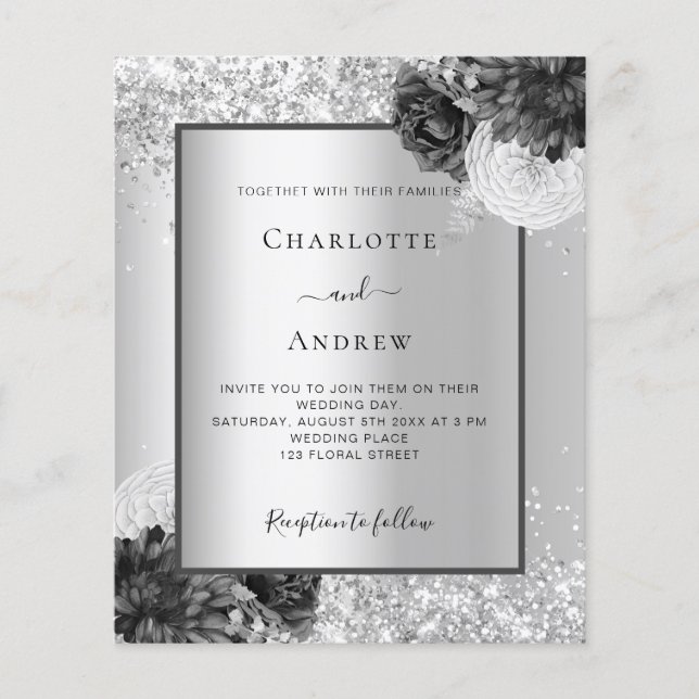 Silver floral elegant wedding invitation (Front)