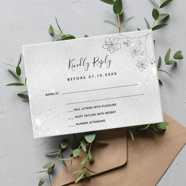 Silver floral elegant wedding RSVP Note Card (Creator Uploaded)