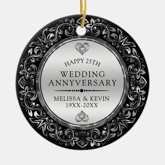 Silver floral frame 25th wedding anniversary ceramic ornament | Zazzle.com