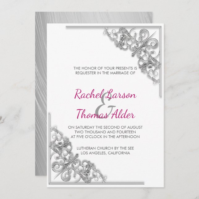 Silver Floral Frame Wedding Invitation (Front/Back)