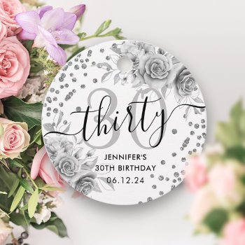 Silver Floral Glitter 30th Birthday Script Favor Tags by Rewards4life at Zazzle