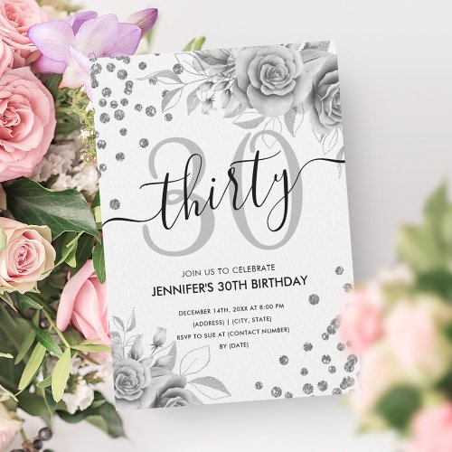 Silver Floral Glitter 30th Birthday Script Invitation