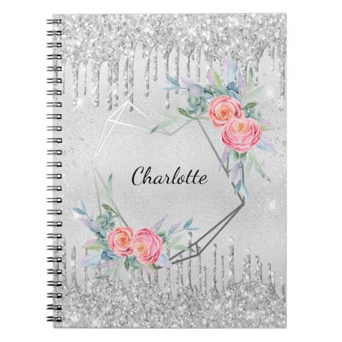 Silver floral glitter blush pink name geometric notebook
