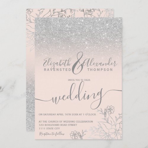 Silver floral glitter blush pink script wedding invitation