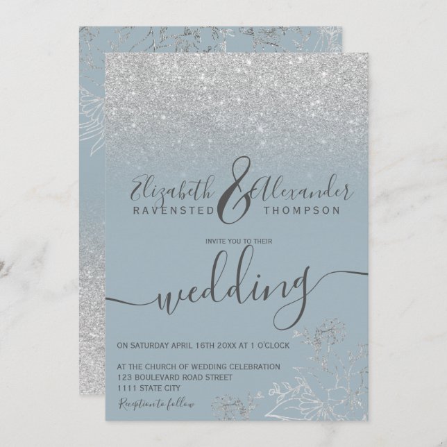 Silver floral glitter dusty blue script wedding invitation (Front/Back)