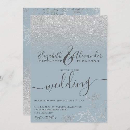 Silver floral glitter dusty blue script wedding invitation