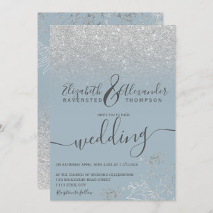 Silver floral glitter dusty blue script wedding invitation