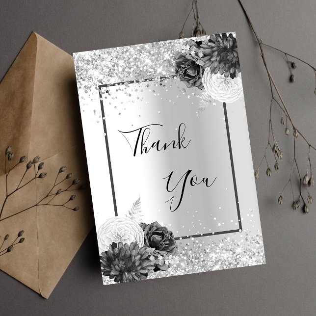 Silver floral glitter elegant glamorous thank you card