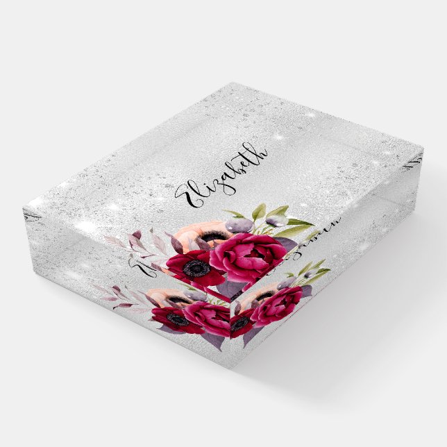 Silver floral glitter name burgundy paperweight (Angled)