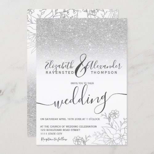 Silver floral glitter white script wedding invitation