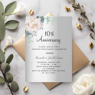 Silver floral greenery 10th wedding anniversary invitation