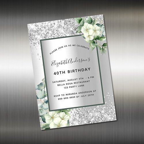 Silver floral greenery birthday invitation magnet