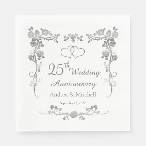 Silver Floral Hearts 25th Wedding Anniversary Napkins